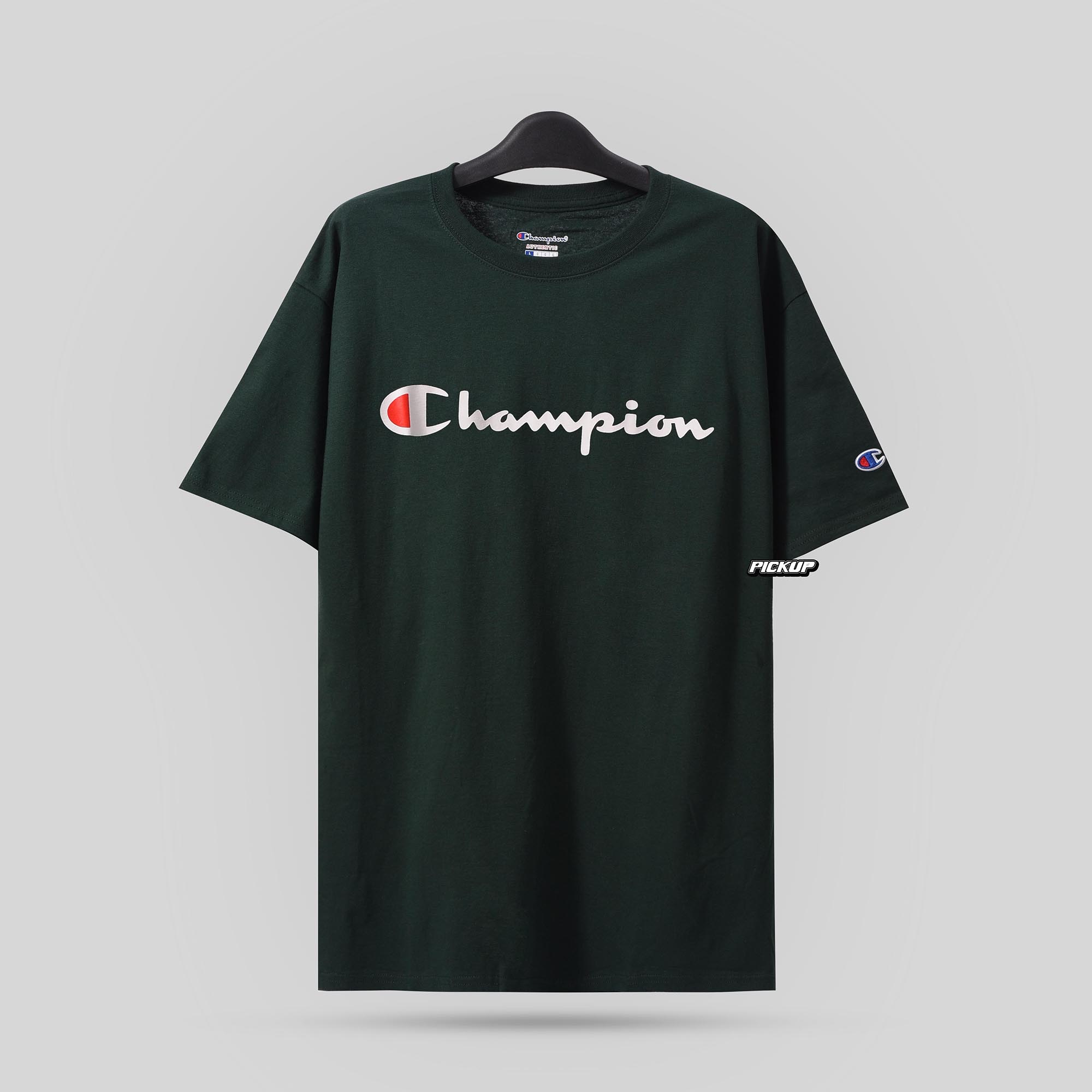 Champion Tagless Tshirt ,Printed Logo - Dark Green